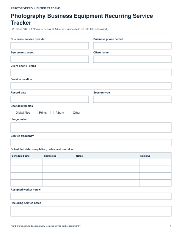 Preview of Photography Business Equipment Recurring Service Tracker