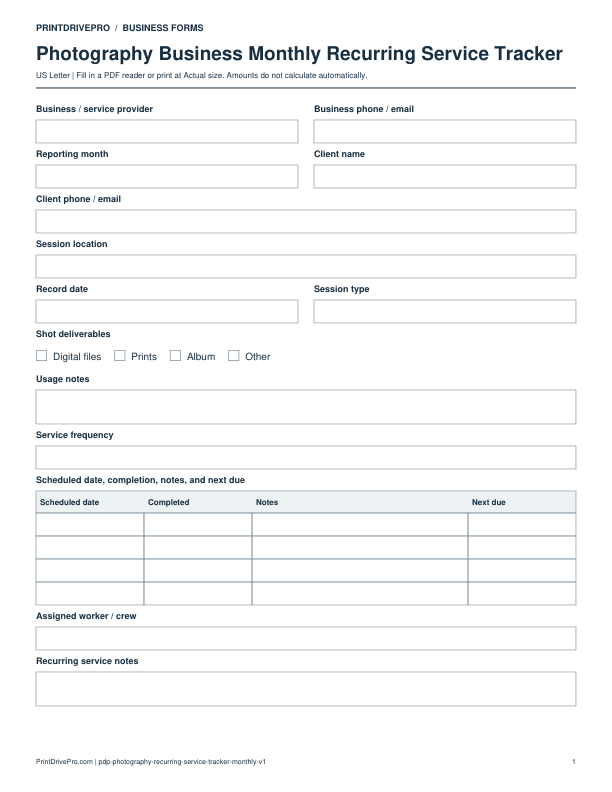 Preview of Photography Business Monthly Recurring Service Tracker