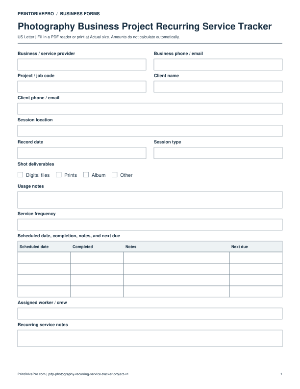Preview of Photography Business Project Recurring Service Tracker