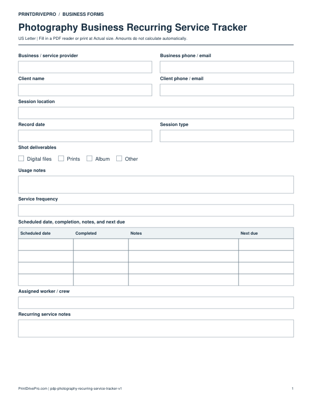 Preview of Photography Business Recurring Service Tracker