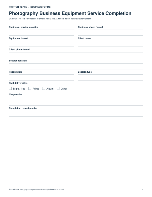 Preview of Photography Business Equipment Service Completion