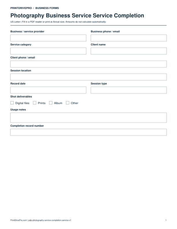 Preview of Photography Business Service Service Completion