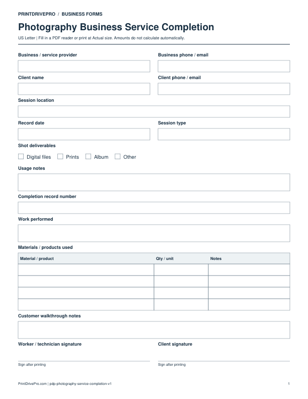 Preview of Photography Business Service Completion