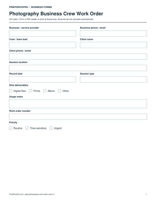 Preview of Photography Business Crew Work Order
