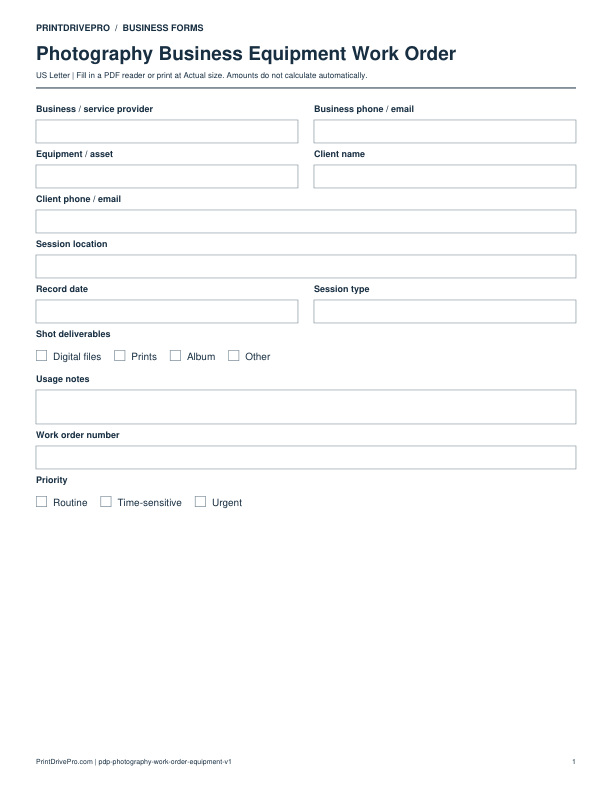 Preview of Photography Business Equipment Work Order