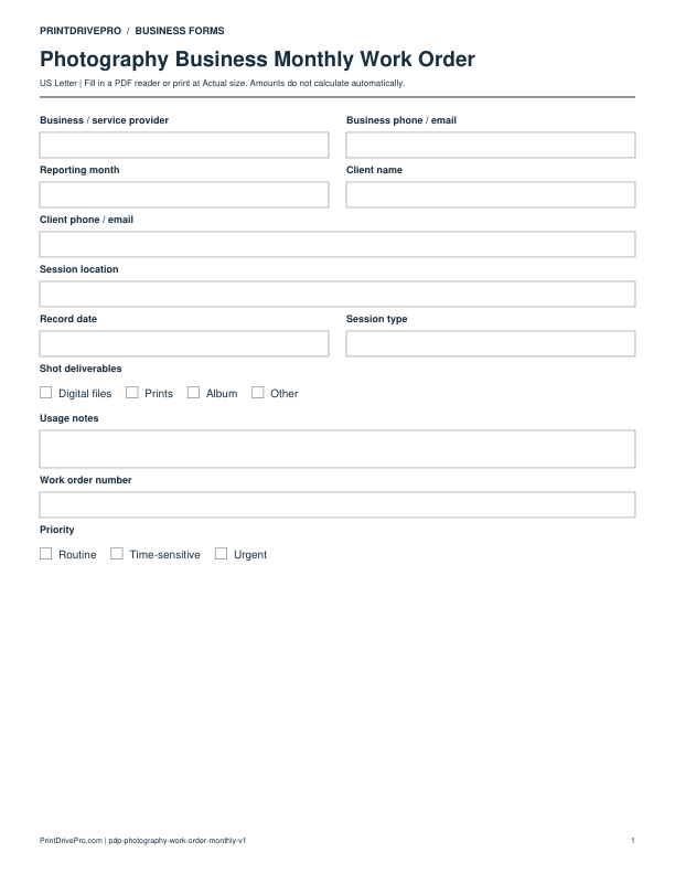 Preview of Photography Business Monthly Work Order