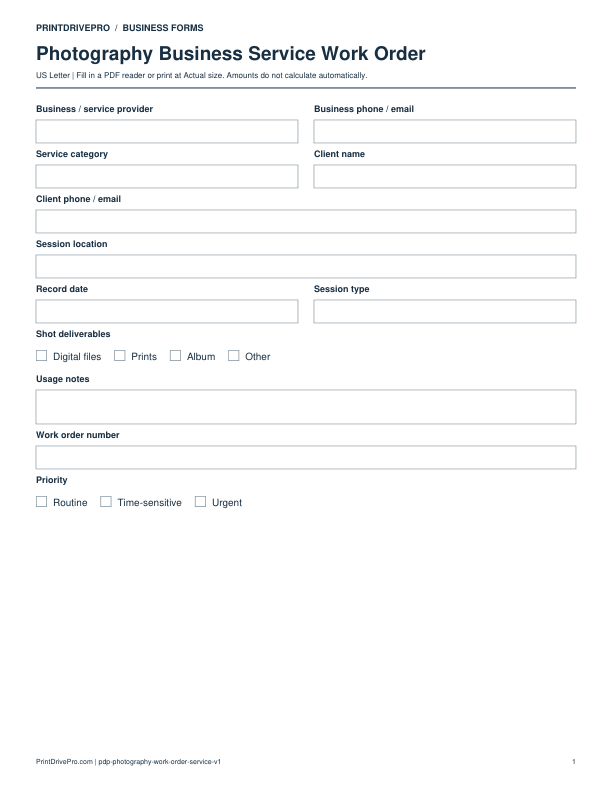 Preview of Photography Business Service Work Order