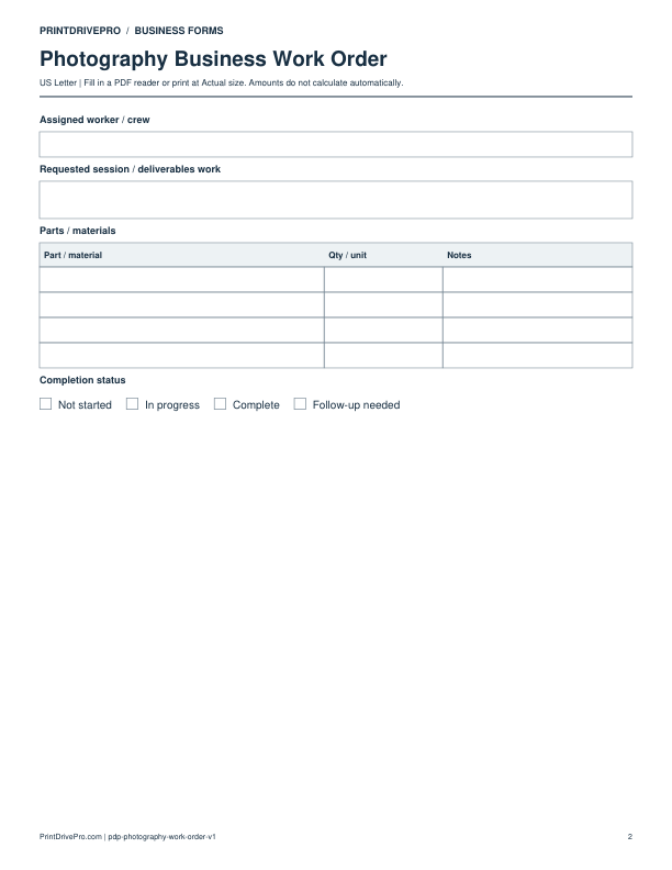 Page 2 of Photography Business Work Order Printable