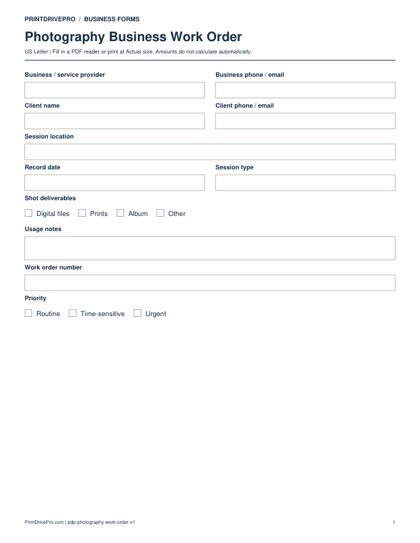 Preview of Photography Business Work Order