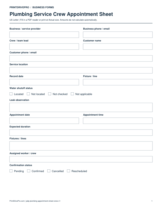 Preview of Plumbing Service Crew Appointment Sheet