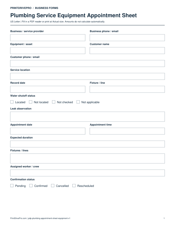 Preview of Plumbing Service Equipment Appointment Sheet