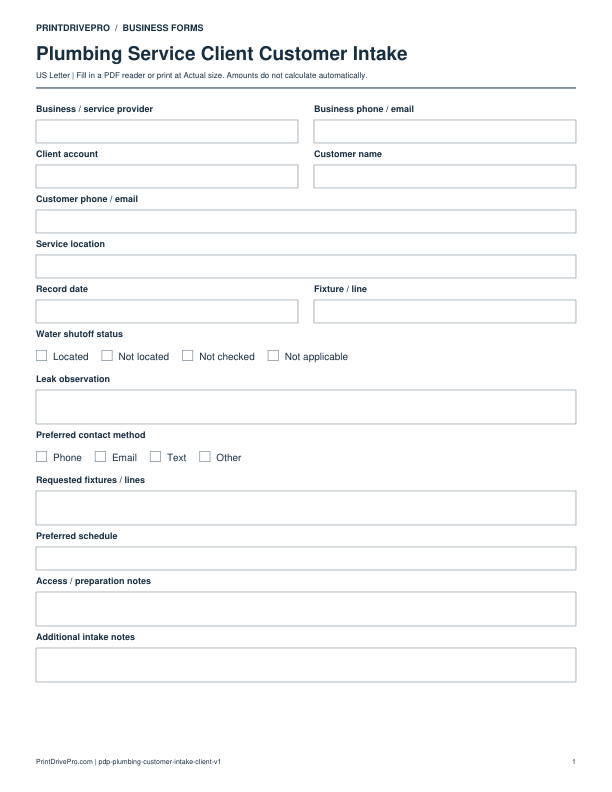 Preview of Plumbing Service Client Customer Intake