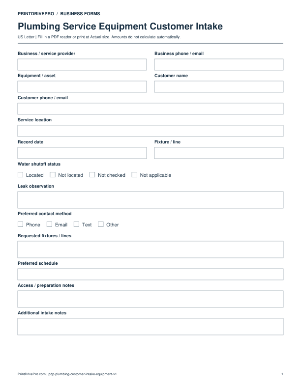 Preview of Plumbing Service Equipment Customer Intake