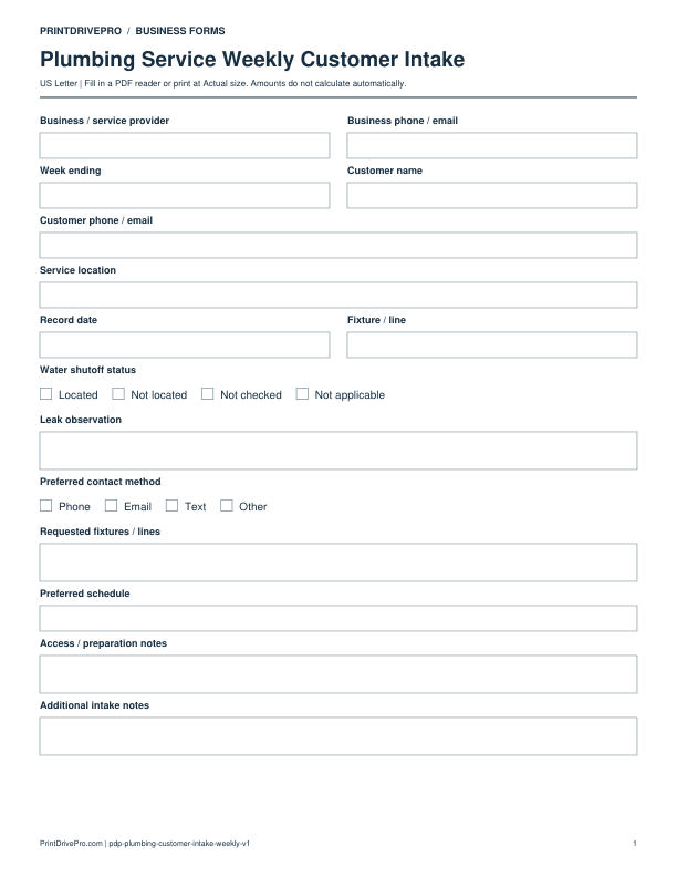 Preview of Plumbing Service Weekly Customer Intake