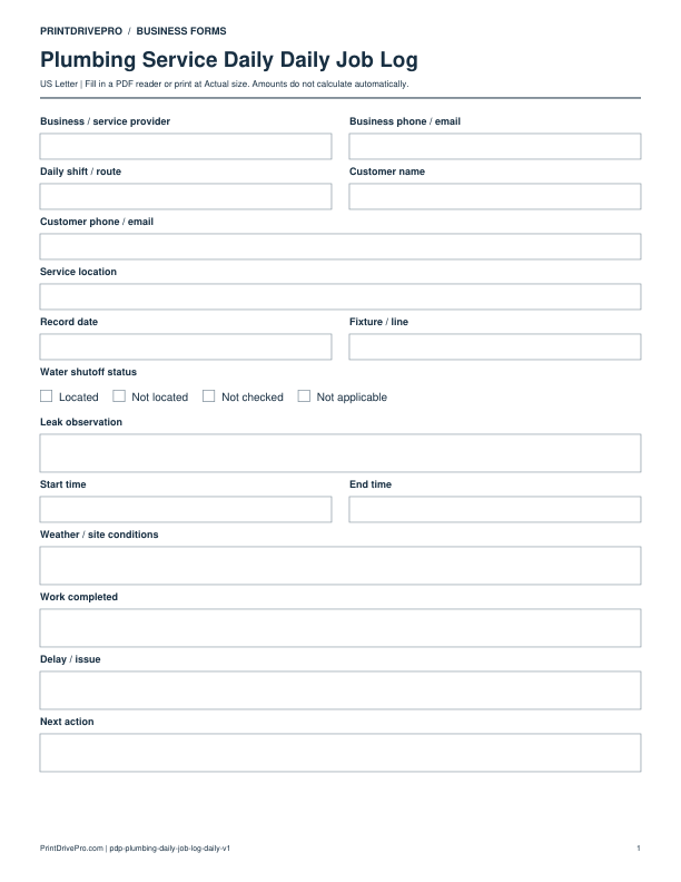 Preview of Plumbing Service Daily Daily Job Log