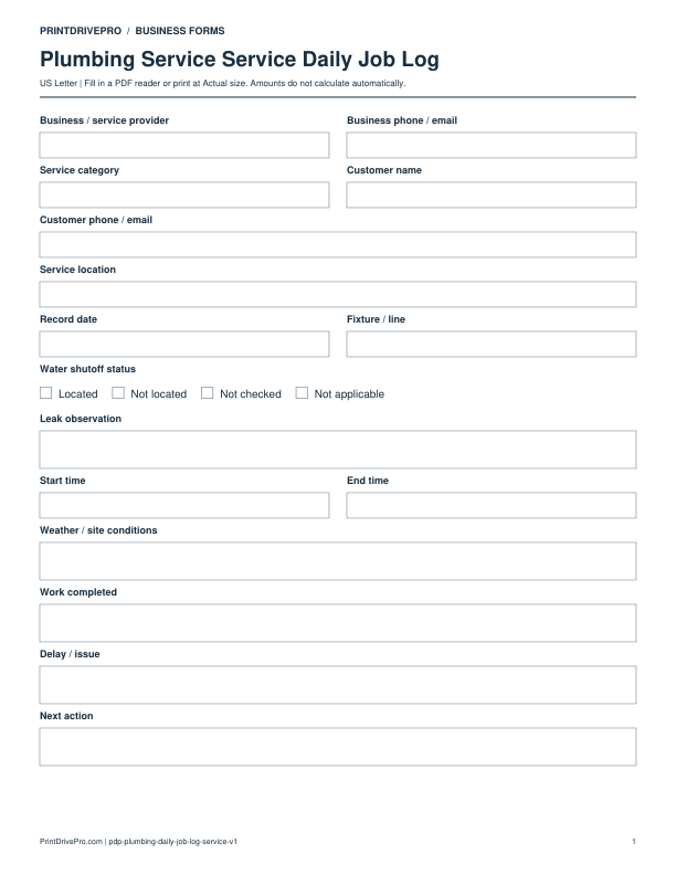 Preview of Plumbing Service Service Daily Job Log