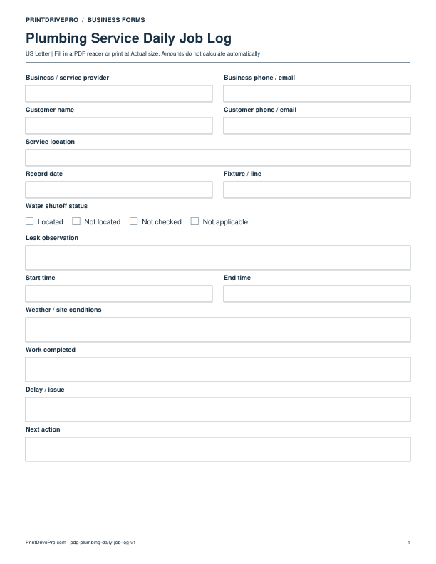 Preview of Plumbing Service Daily Job Log