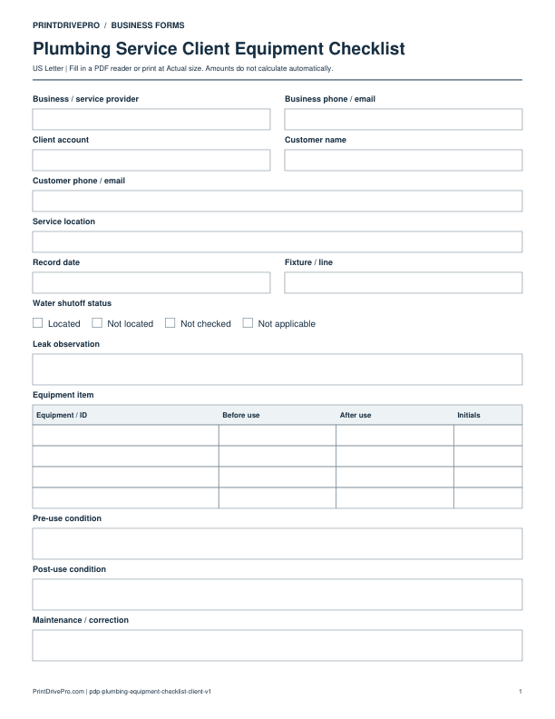 Preview of Plumbing Service Client Equipment Checklist