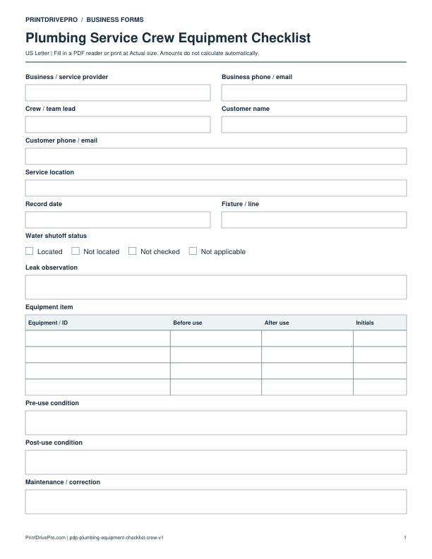 Preview of Plumbing Service Crew Equipment Checklist