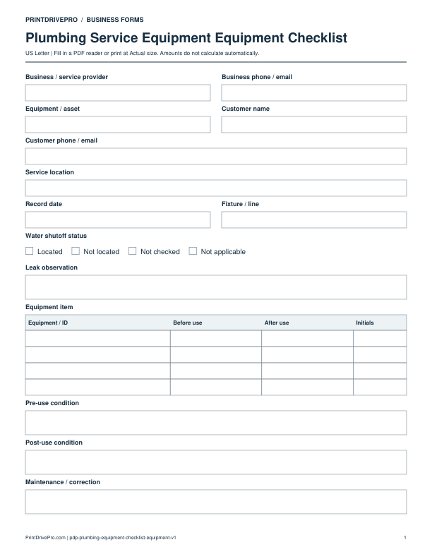Preview of Plumbing Service Equipment Equipment Checklist
