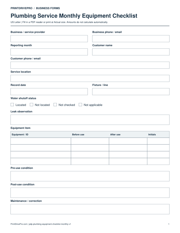 Preview of Plumbing Service Monthly Equipment Checklist