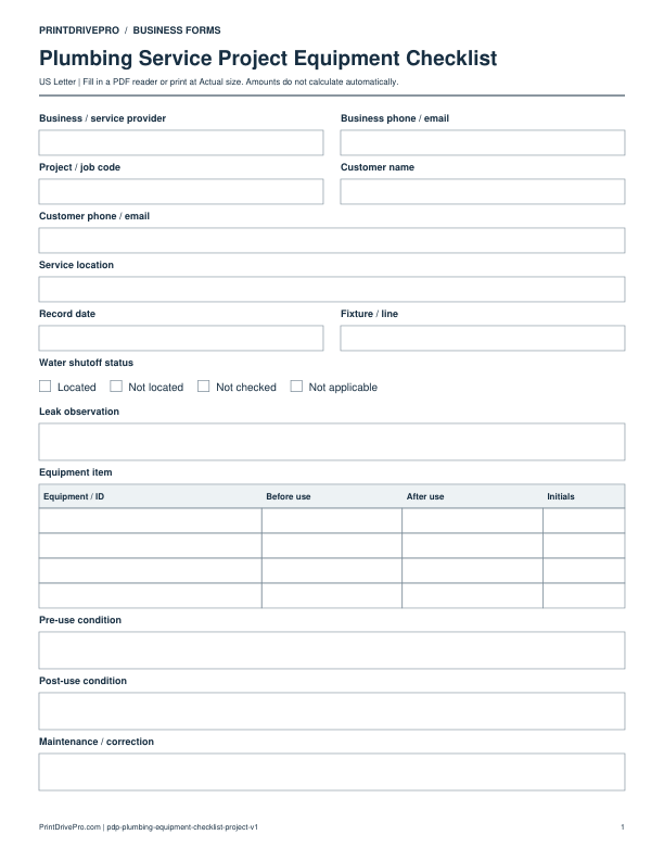 Preview of Plumbing Service Project Equipment Checklist