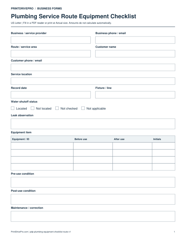 Preview of Plumbing Service Route Equipment Checklist