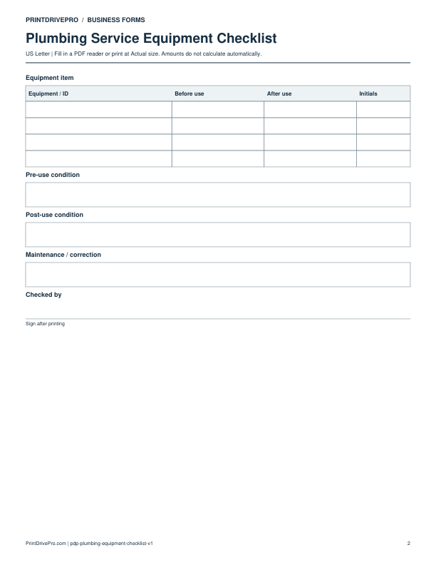 Page 2 of Plumbing Service Equipment Checklist Printable