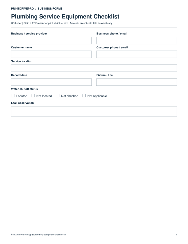 Preview of Plumbing Service Equipment Checklist