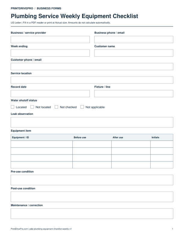 Preview of Plumbing Service Weekly Equipment Checklist