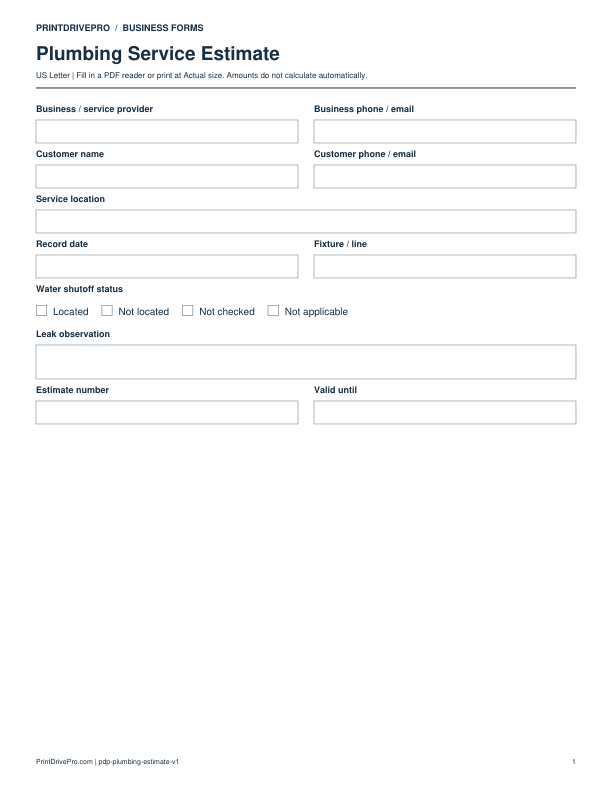 Preview of Plumbing Service Estimate
