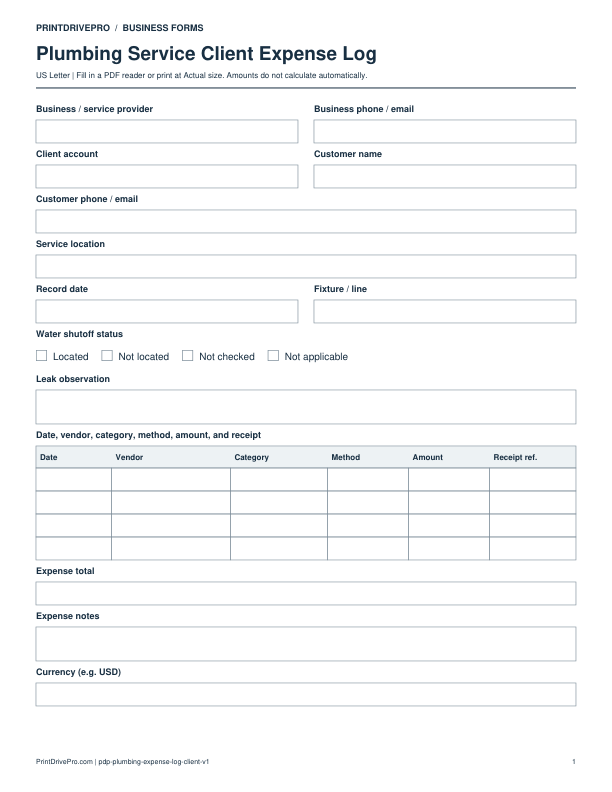 Preview of Plumbing Service Client Expense Log