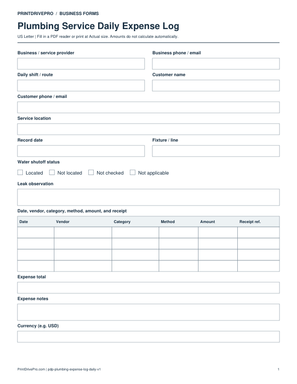 Preview of Plumbing Service Daily Expense Log