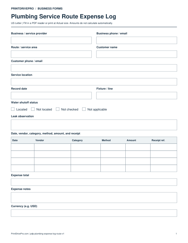 Preview of Plumbing Service Route Expense Log
