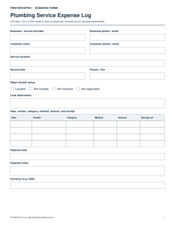 Preview of Plumbing Service Expense Log