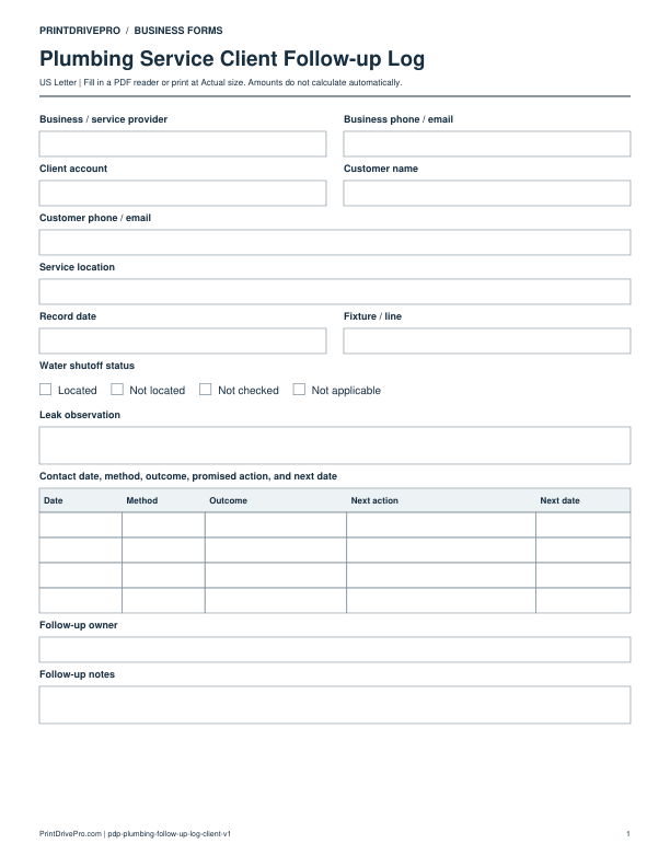 Preview of Plumbing Service Client Follow-up Log