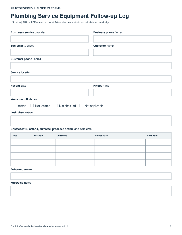 Preview of Plumbing Service Equipment Follow-up Log