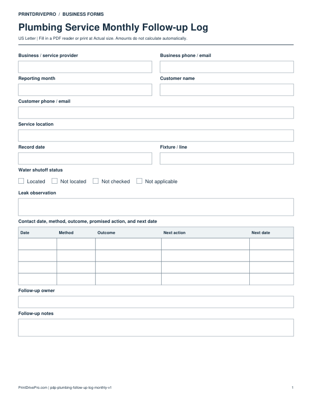 Preview of Plumbing Service Monthly Follow-up Log