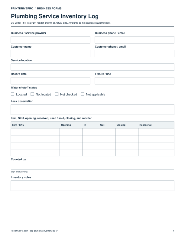 Preview of Plumbing Service Inventory Log