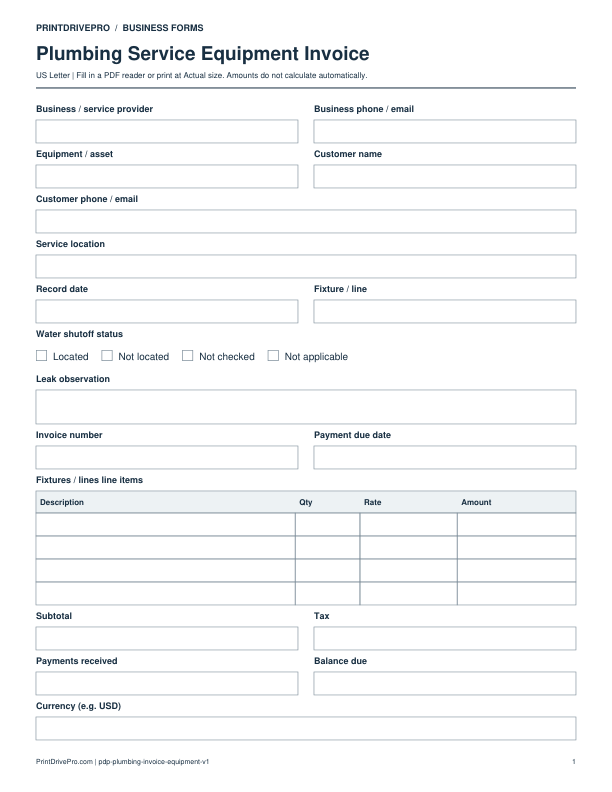 Preview of Plumbing Service Equipment Invoice