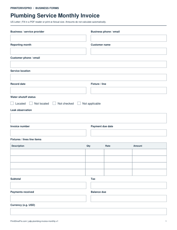 Preview of Plumbing Service Monthly Invoice