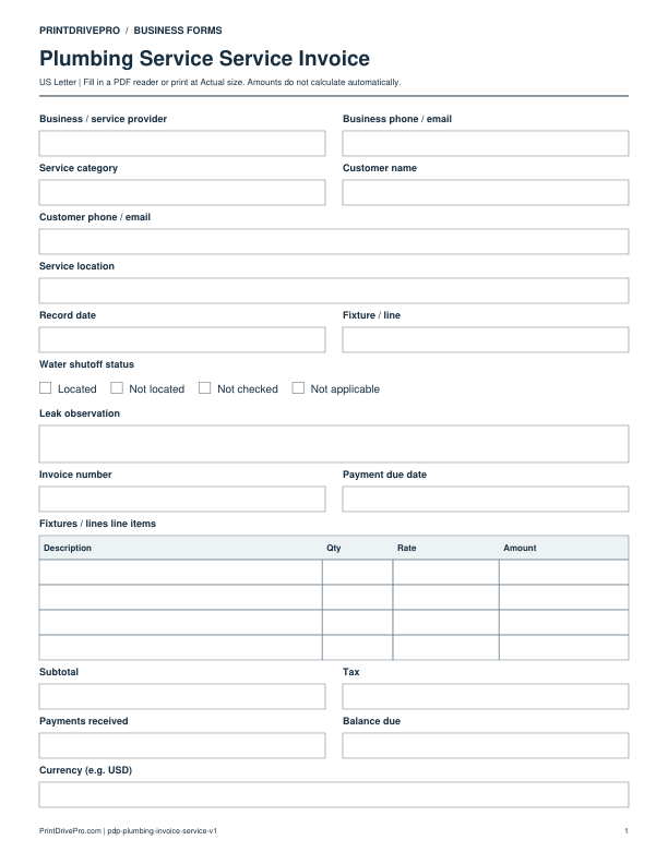 Preview of Plumbing Service Service Invoice
