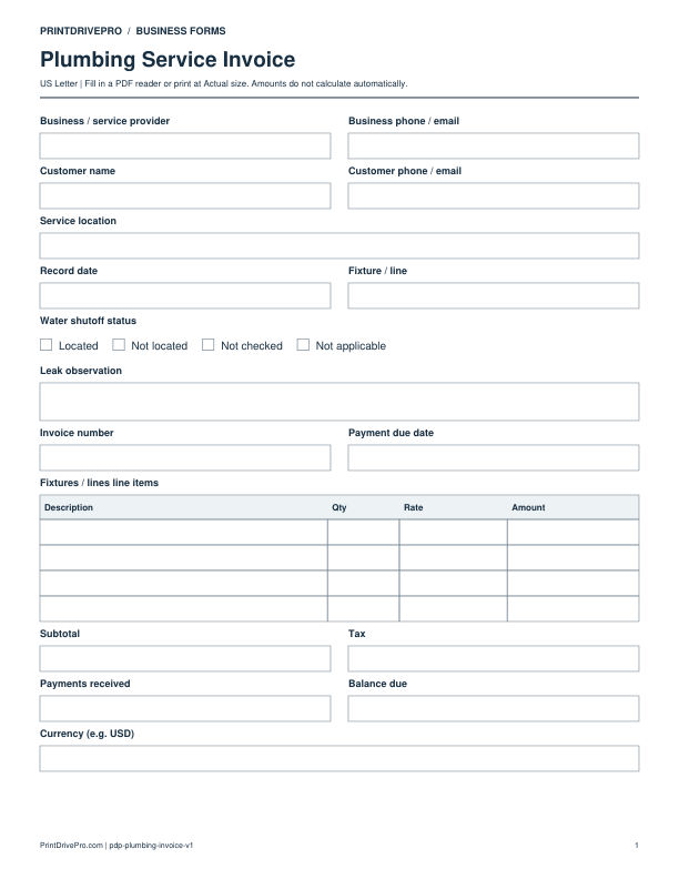 Preview of Plumbing Service Invoice