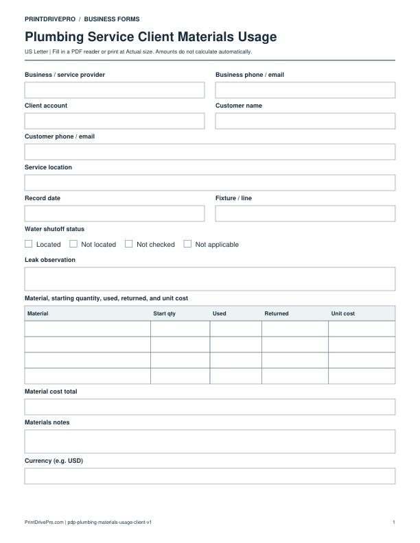 Preview of Plumbing Service Client Materials Usage