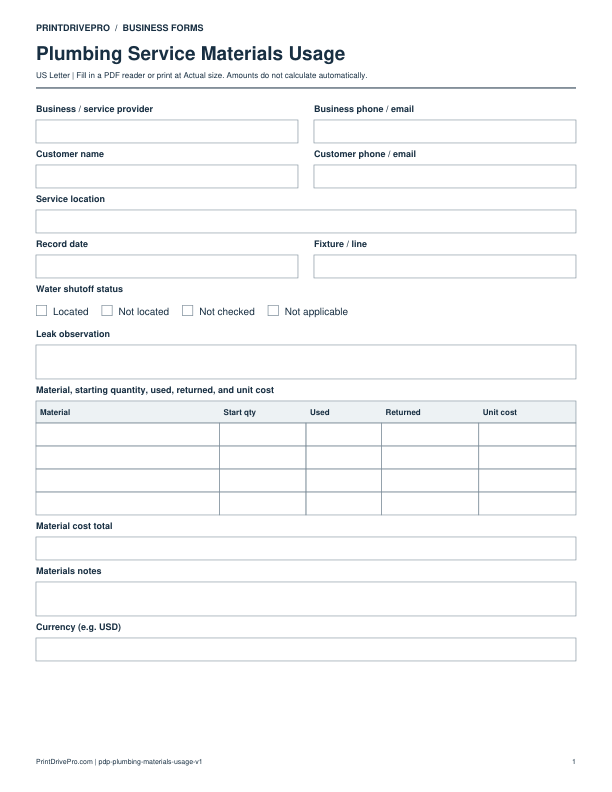 Preview of Plumbing Service Materials Usage