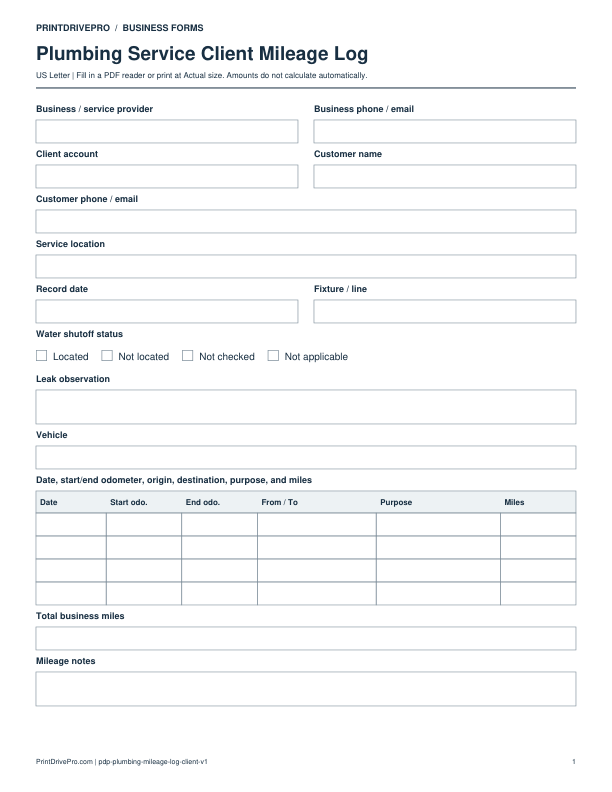Preview of Plumbing Service Client Mileage Log