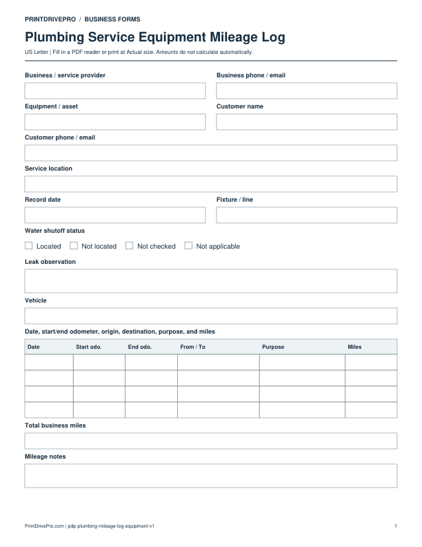 Preview of Plumbing Service Equipment Mileage Log