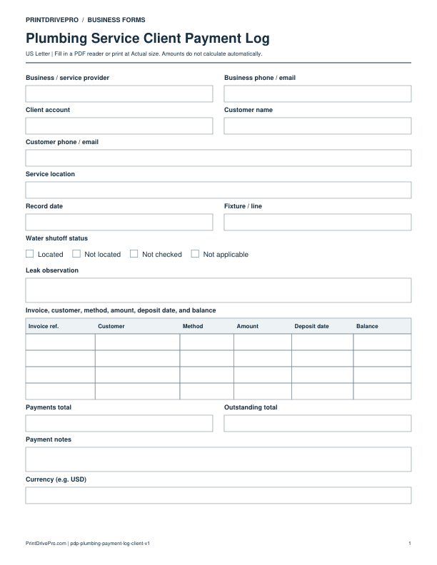 Preview of Plumbing Service Client Payment Log