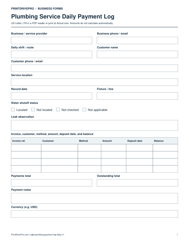 Preview of Plumbing Service Daily Payment Log
