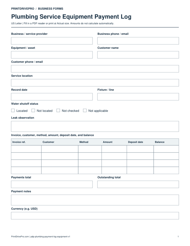 Preview of Plumbing Service Equipment Payment Log